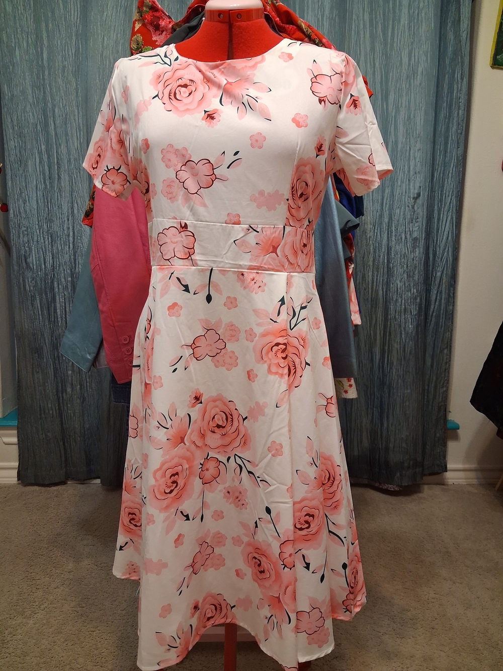 Floral A-Line Midi Dress in Pink and White